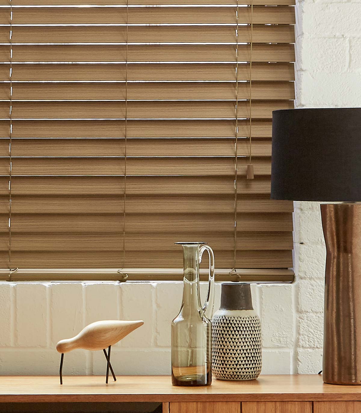 Oak faux wood blinds